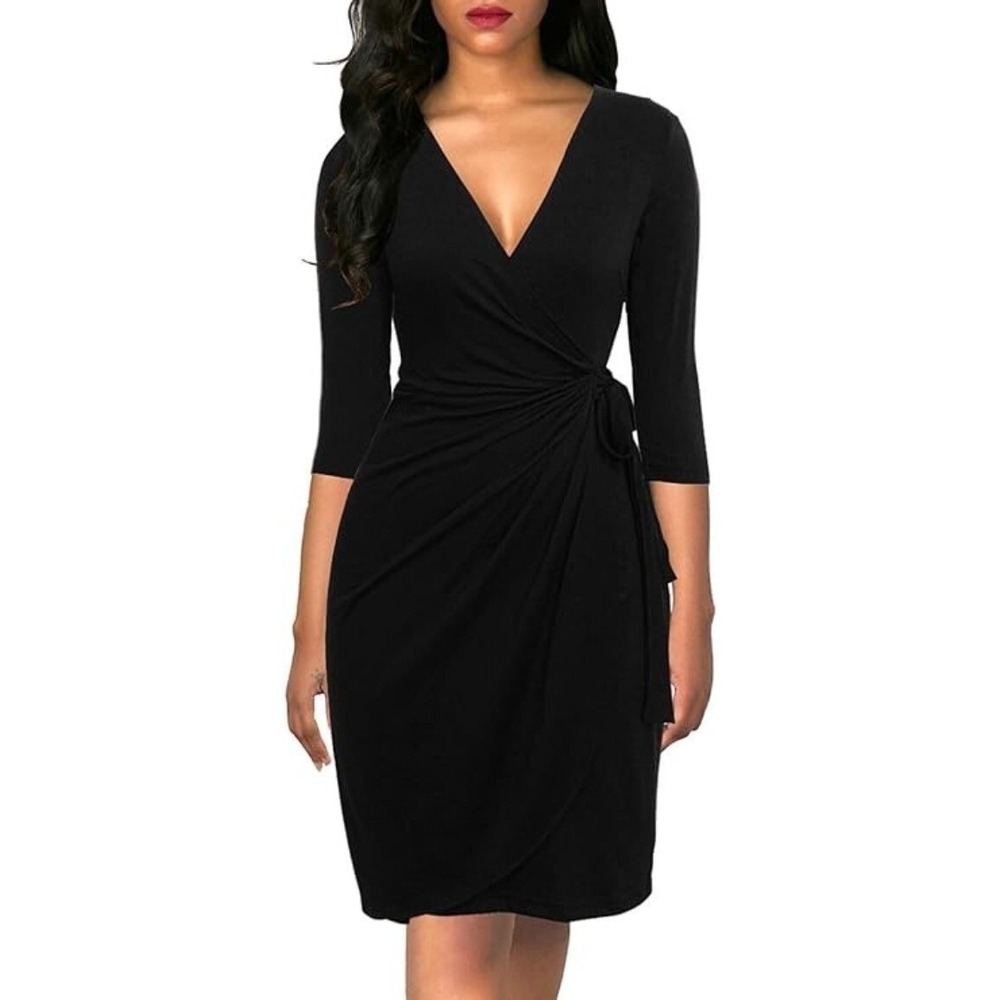 Women's‎ Faux Wrap Dress by Sunglory Black 3/4 Sleeve Size M New With Tags - Picture 7 of 12